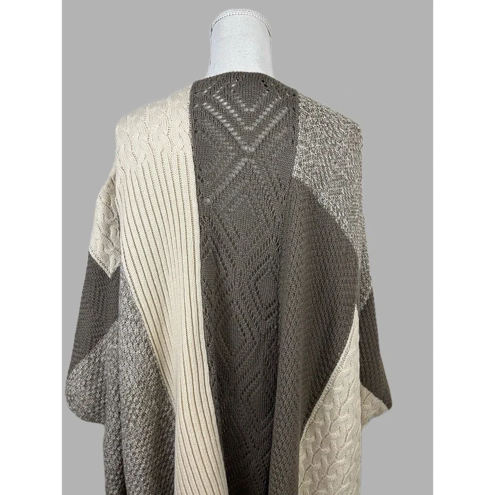 Knox Rose Womens XXL Colorblock Cable Knit Open Fringe Poncho Cardigan